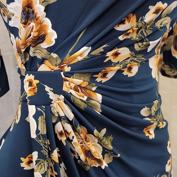 BRAND NEW CONNECTED APPAREL FLORAL COLORBLOCK RUCHED SIDE DESIGN 3/SLEEVE DRESS - Picture 12 of 15